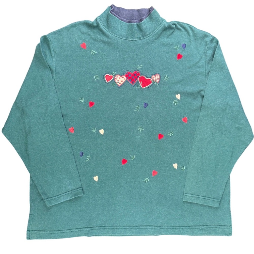 Vintage Heart Embroidered Mock Neck Sweater Womens Green Valentines Day Bonworth